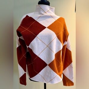Rachel Zoe Rust, Burgundy and Cream Argyle Mock Neck Sweater